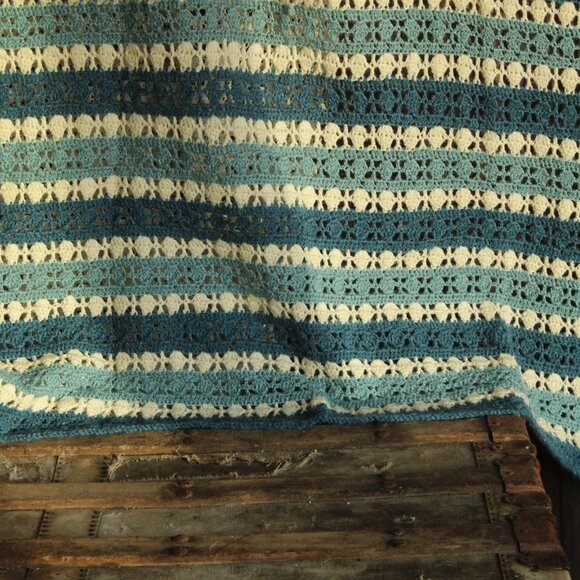 Vintage 1960s Afghan, Blue and White Striped Crochet Lap Blanket or Throw - Picture 11 of 12